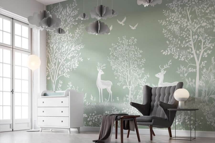Cerf blanc et oiseaux dans un champ Cerf blanc et oiseaux dans un champ