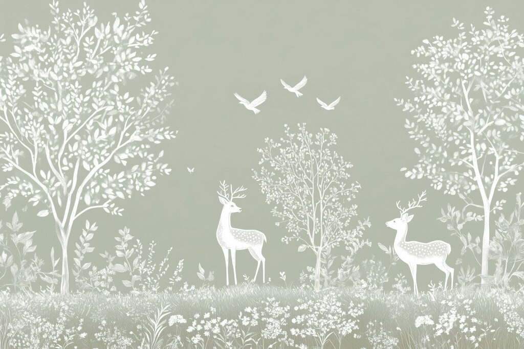 Cerf blanc et oiseaux dans une forêt Cerf blanc et oiseaux dans une forêt