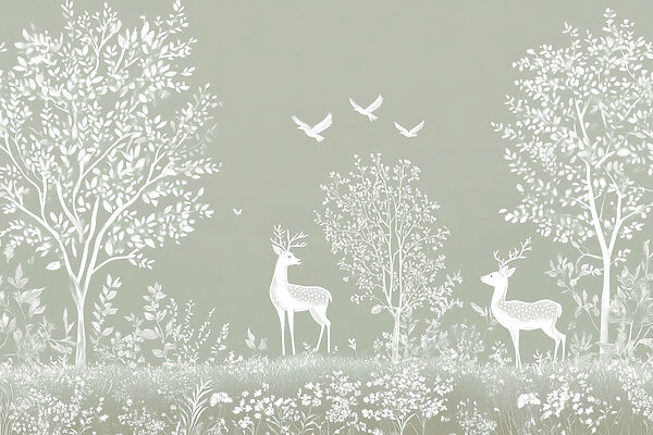 Cerf blanc et oiseaux dans une forêt Cerf blanc et oiseaux dans une forêt
