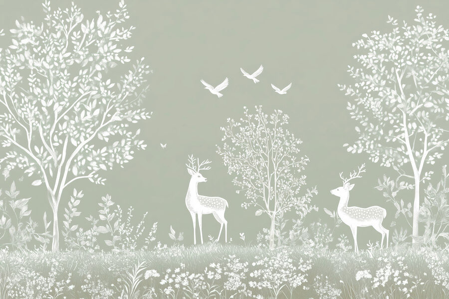 Cerf blanc et oiseaux dans une forêt Cerf blanc et oiseaux dans une forêt