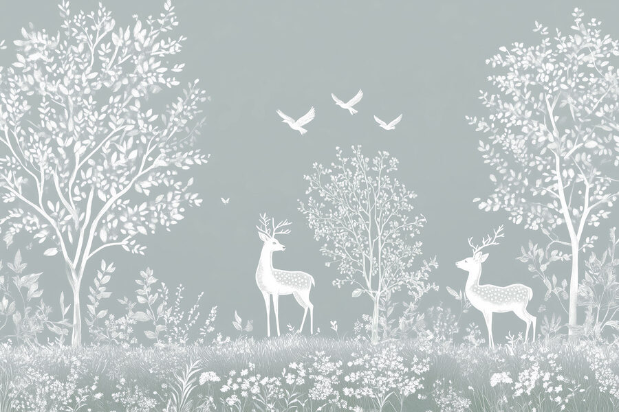 Cerf blanc et oiseaux dans une forêt Cerf blanc et oiseaux dans une forêt