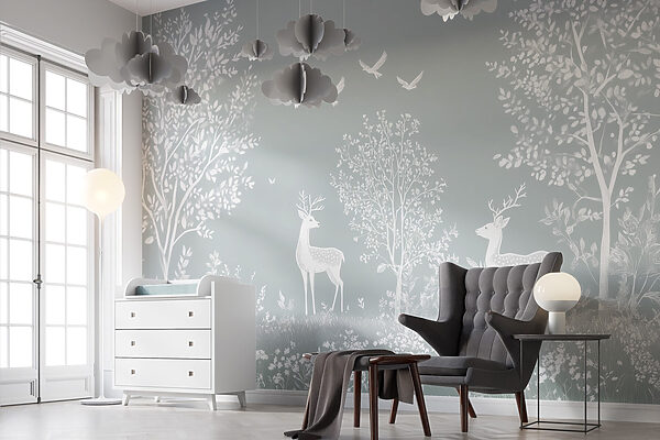 Cerf blanc et oiseaux dans une forêt Cerf blanc et oiseaux dans une forêt