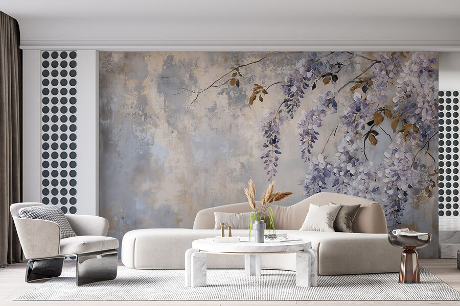 Peinture d'une branche avec des fleurs violettes Peinture d'une branche avec des fleurs violettes