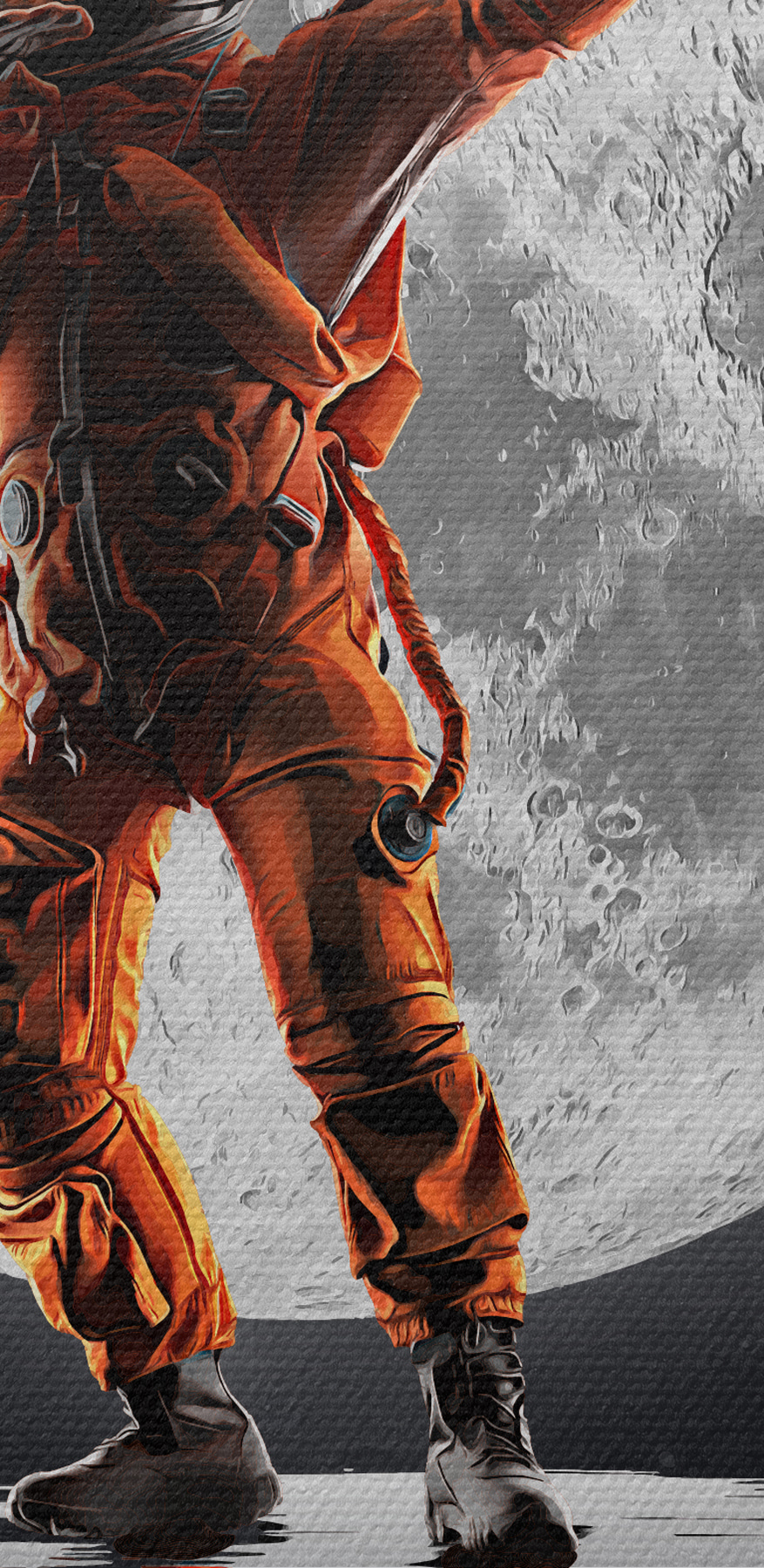 Homme en costume orange devant la pleine lune