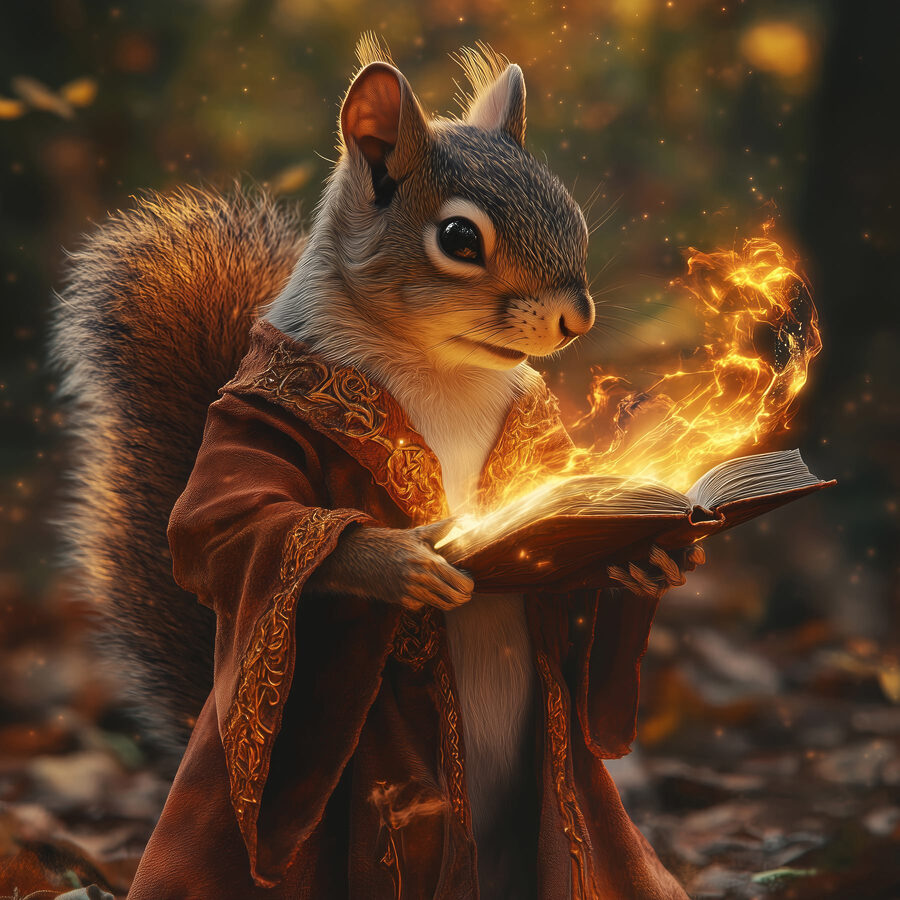 Écureuil tenant un livre d'où sortent des flammes