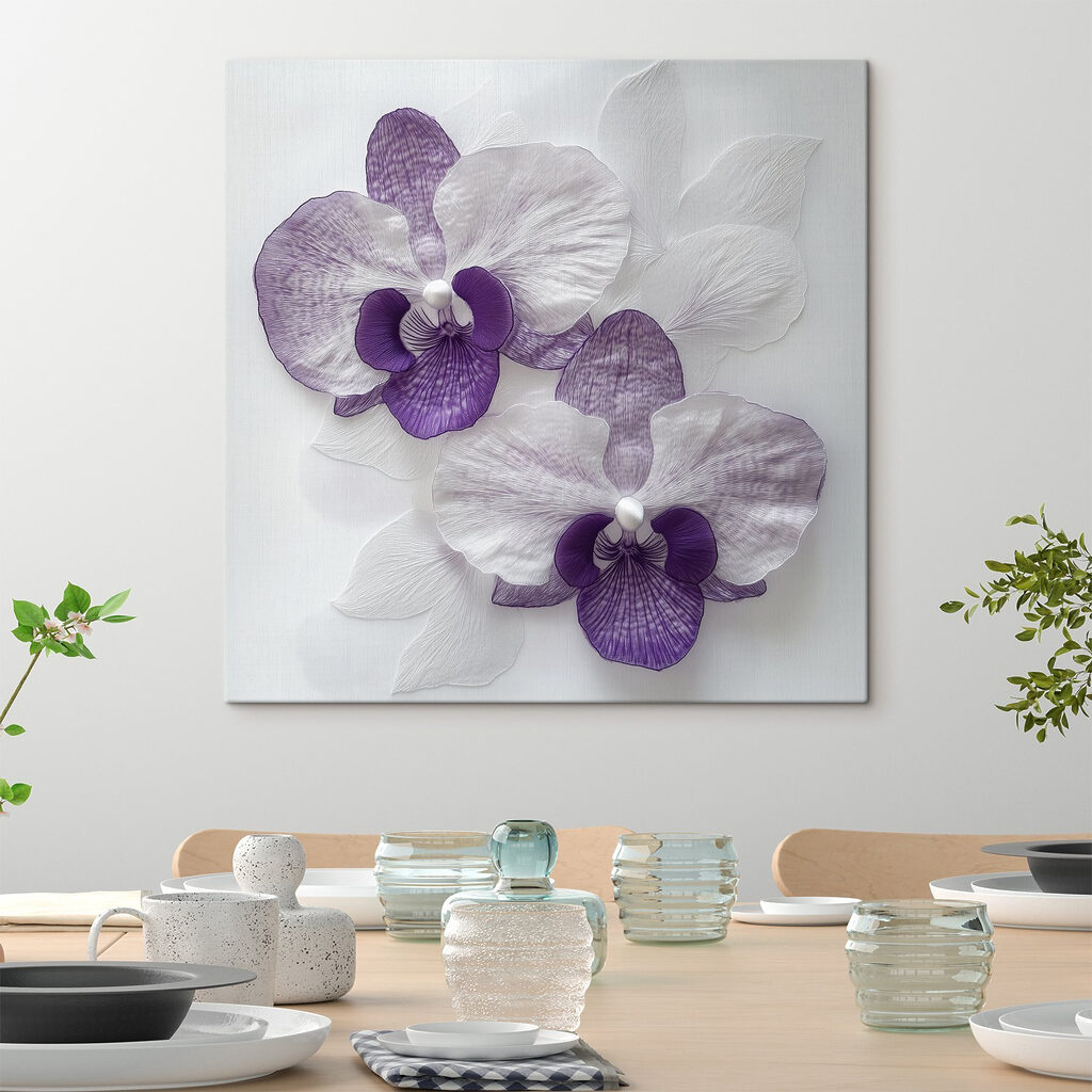 Purple and white flowers on a white surface