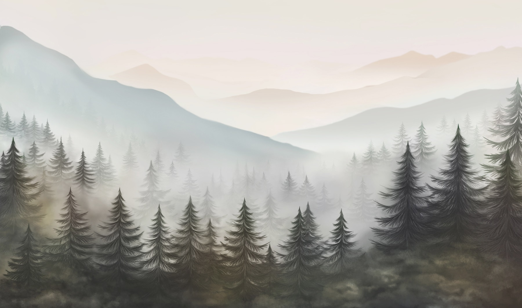 Foggy landscape with trees and mountains