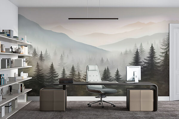 Paysage brumeux avec arbres et montagnes Paysage brumeux avec arbres et montagnes