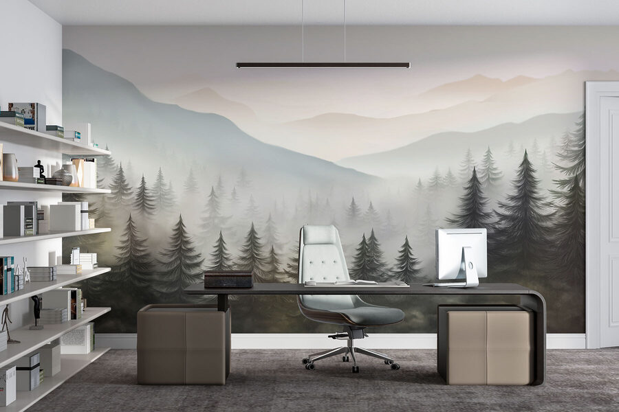 Paysage brumeux avec arbres et montagnes