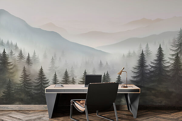 Paysage brumeux avec arbres et montagnes Paysage brumeux avec arbres et montagnes