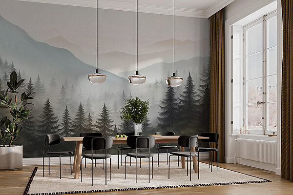 Paysage brumeux avec arbres et montagnes Paysage brumeux avec arbres et montagnes