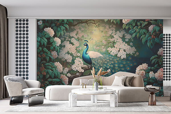 Painting of a peacock on a tree branch