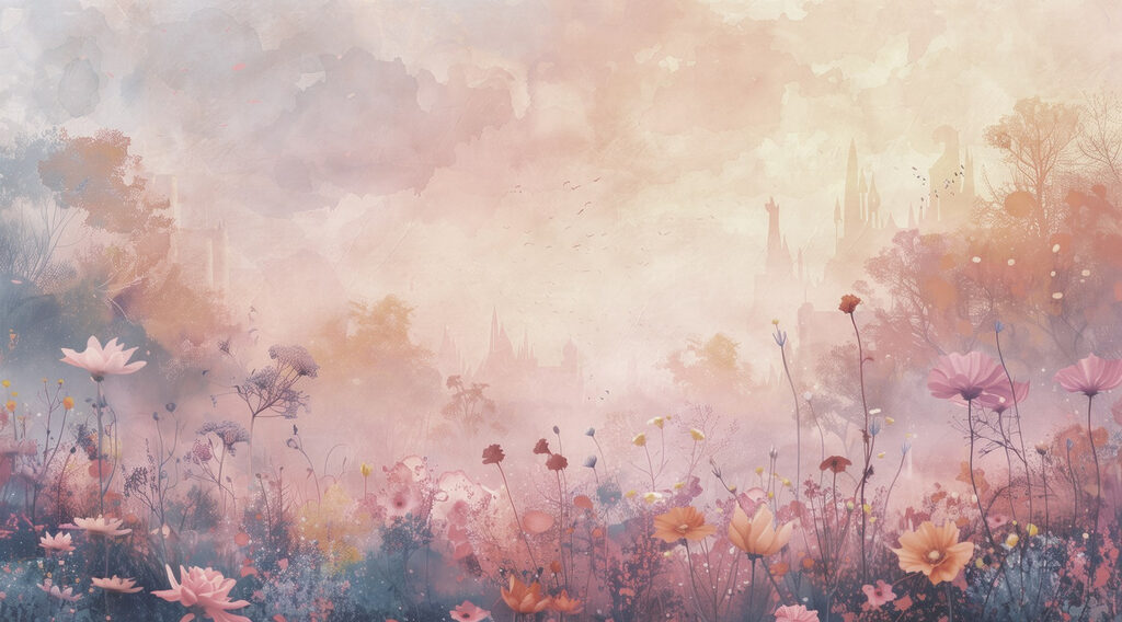 Champ de fleurs avec un château en arrière-plan Champ de fleurs avec un château en arrière-plan