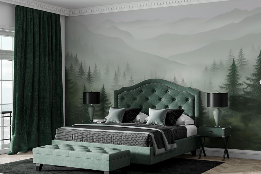Paysage brumeux avec arbres et montagnes