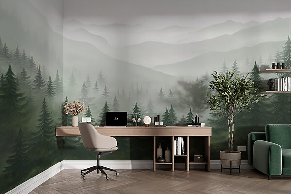 Paysage brumeux avec arbres et montagnes Paysage brumeux avec arbres et montagnes