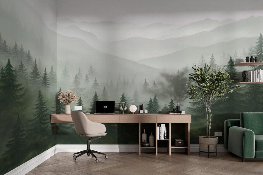 Paysage brumeux avec arbres et montagnes