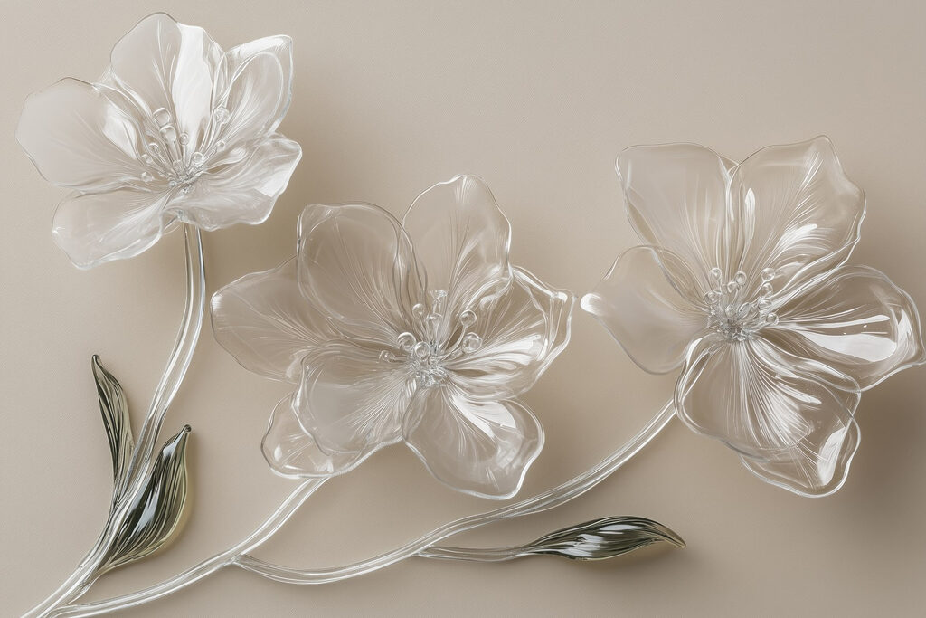 Fleurs en verre sur une surface blanche Fleurs en verre sur une surface blanche