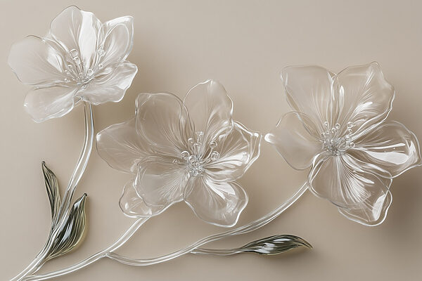 Fleurs en verre sur une surface blanche Fleurs en verre sur une surface blanche