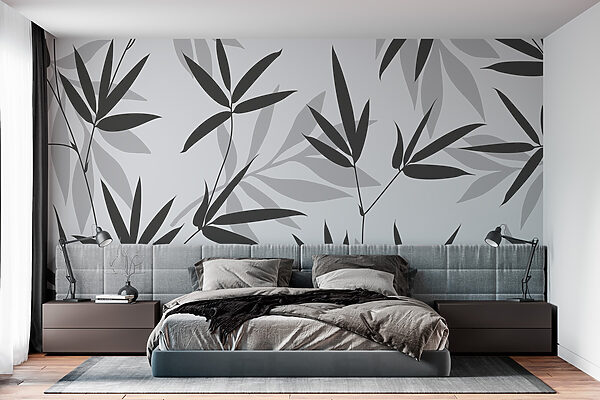 Papier peint Papier peint Motif de feuilles en noir et blanc (UGS : w02460)