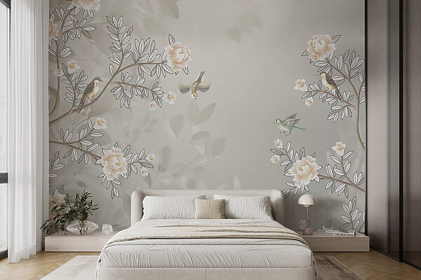 Papier peint avec des oiseaux sur une branche d'arbre Papier peint avec des oiseaux sur une branche d'arbre
