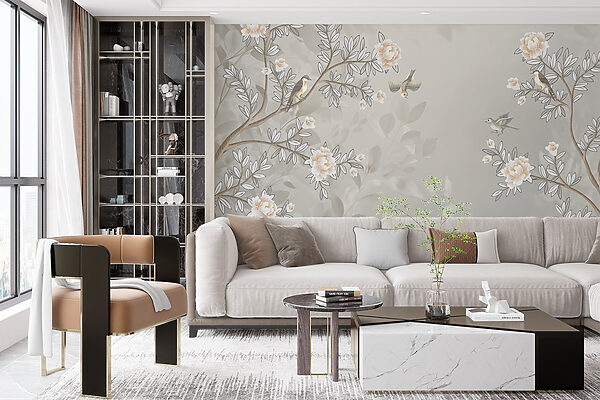 Papier peint avec des oiseaux sur une branche d'arbre Papier peint avec des oiseaux sur une branche d'arbre