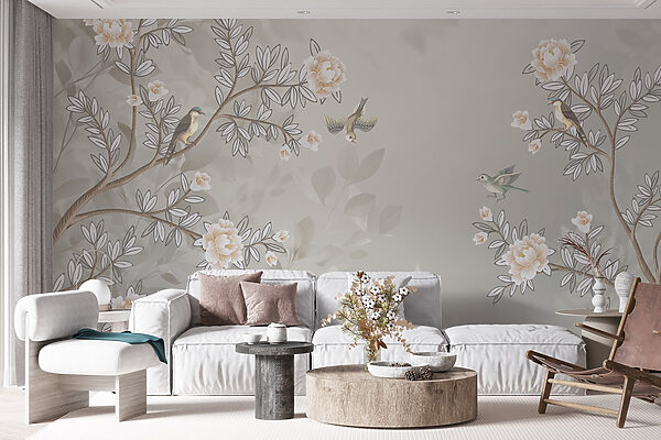 Papier peint avec des oiseaux sur une branche d'arbre Papier peint avec des oiseaux sur une branche d'arbre