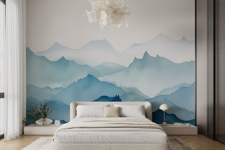 Papier peint Peinture de montagnes et d'arbres