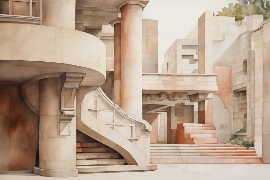 Peinture d'un bâtiment avec escaliers et marches Peinture d'un bâtiment avec escaliers et marches