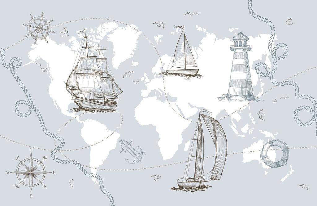 Carte du monde avec différents navires Carte du monde avec différents navires