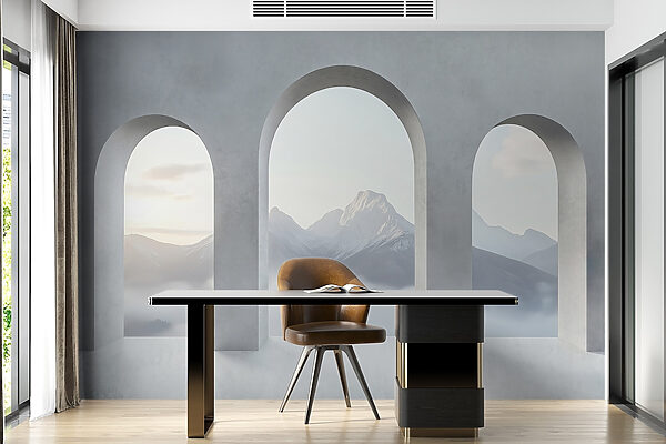 Chambre blanche avec fenêtres cintrées et montagnes en arrière-plan Chambre blanche avec fenêtres cintrées et montagnes en arrière-plan