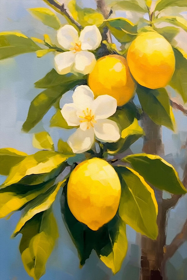Peinture de citrons et de fleurs sur un arbre Peinture de citrons et de fleurs sur un arbre