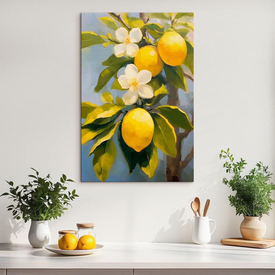 Peinture de citrons et de fleurs sur un arbre
