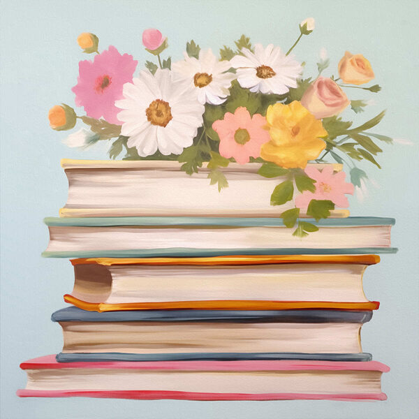 Peinture d'une pile de livres avec des fleurs sur le dessus Peinture d'une pile de livres avec des fleurs sur le dessus