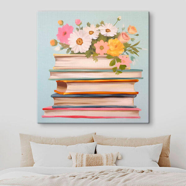 Peinture d'une pile de livres avec des fleurs sur le dessus Peinture d'une pile de livres avec des fleurs sur le dessus