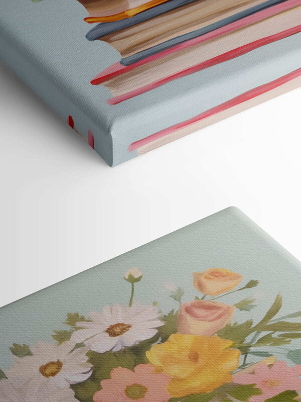 Peinture d'une pile de livres avec des fleurs sur le dessus Peinture d'une pile de livres avec des fleurs sur le dessus
