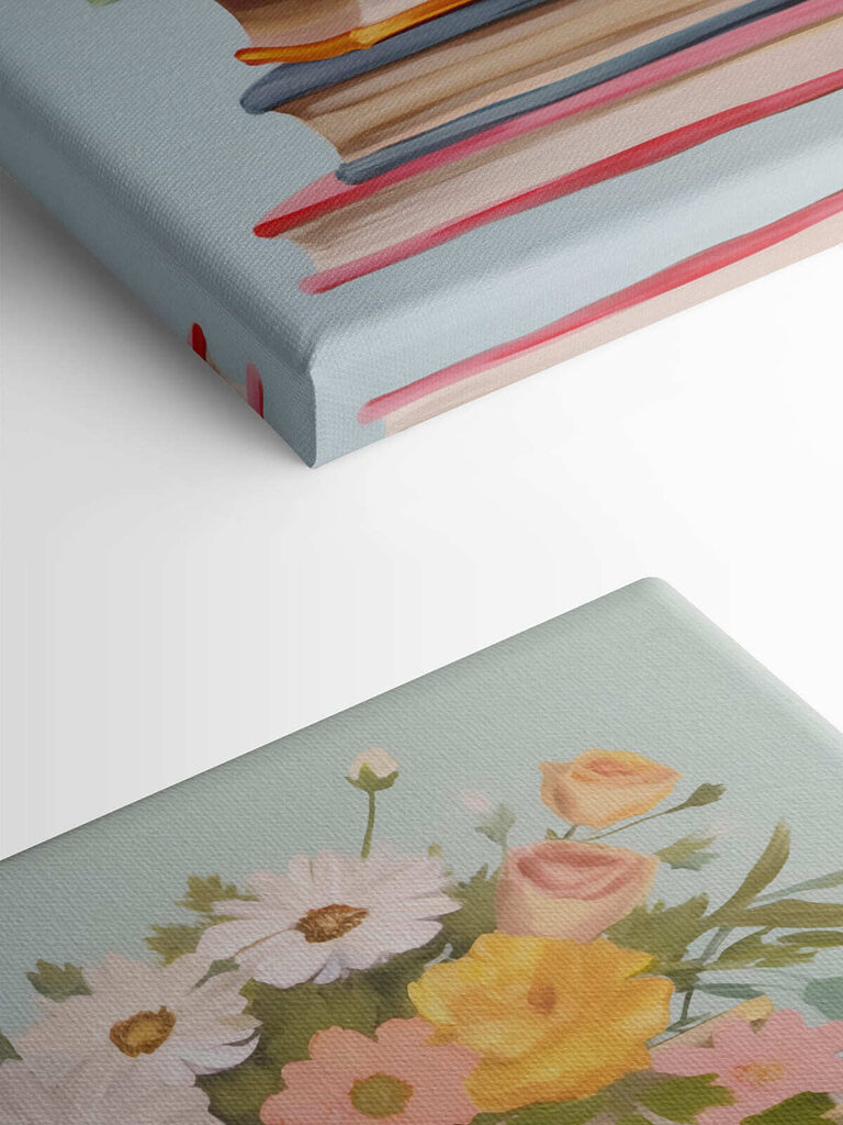 Painting of a stack of books with flowers on top Painting of a stack of books with flowers on top