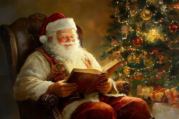 Peinture d'un père Noël lisant un livre Peinture d'un père Noël lisant un livre