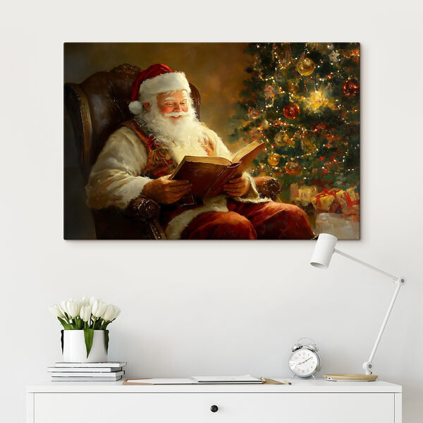 Peinture d'un père Noël lisant un livre Peinture d'un père Noël lisant un livre
