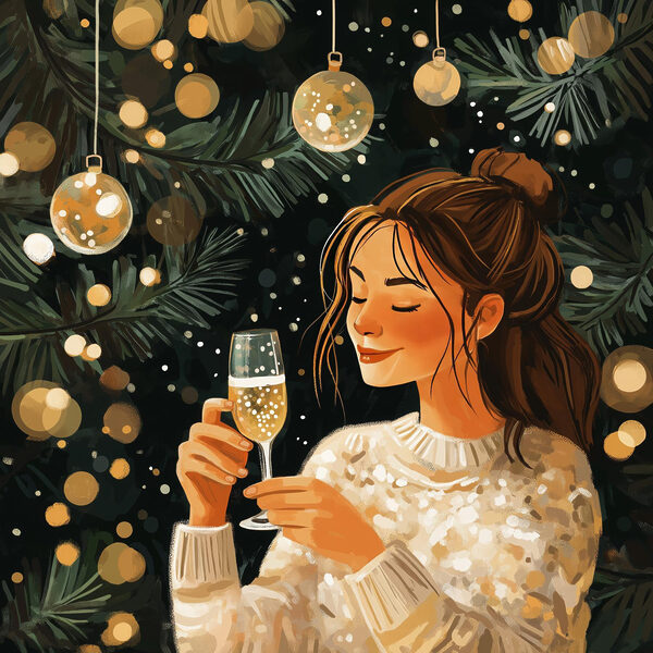 Femme tenant une coupe de champagne sous un arbre de Noël Femme tenant une coupe de champagne sous un arbre de Noël