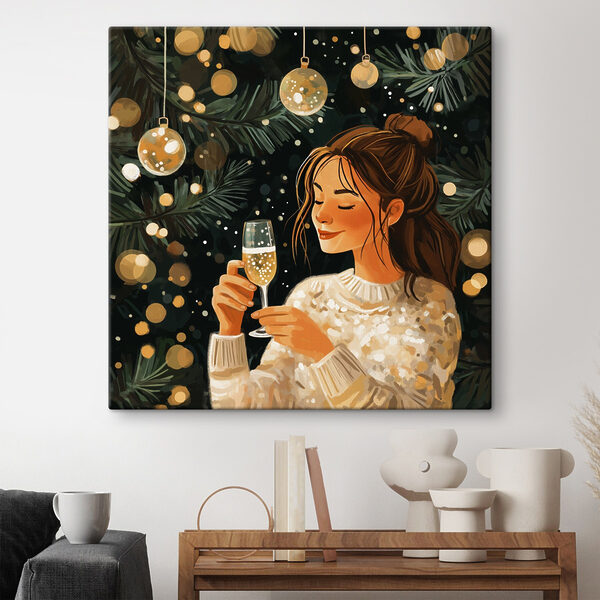 Femme tenant une coupe de champagne sous un arbre de Noël Femme tenant une coupe de champagne sous un arbre de Noël