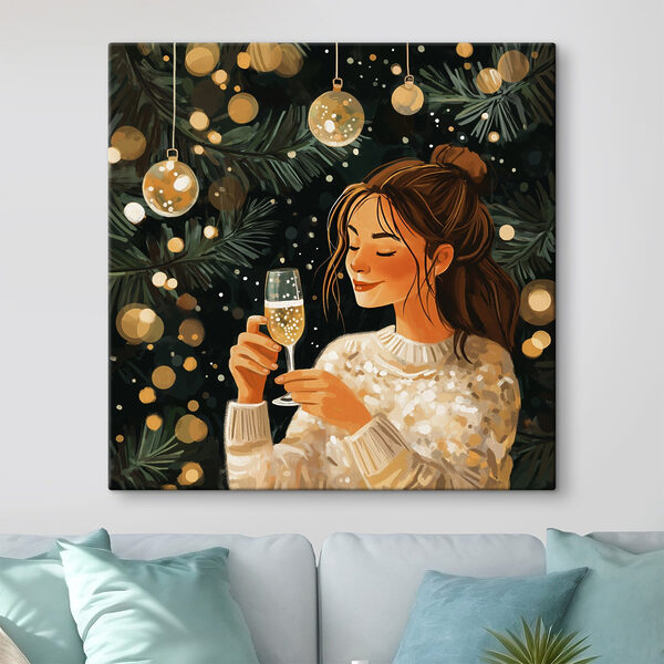 Femme tenant une coupe de champagne sous un arbre de Noël Femme tenant une coupe de champagne sous un arbre de Noël