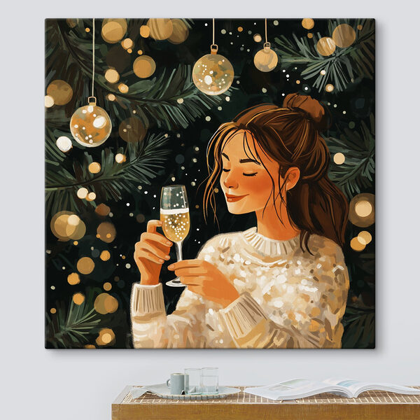 Femme tenant une coupe de champagne sous un arbre de Noël Femme tenant une coupe de champagne sous un arbre de Noël