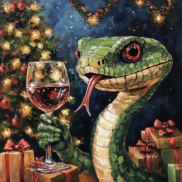 Peinture d'un serpent tenant un verre de vin Peinture d'un serpent tenant un verre de vin