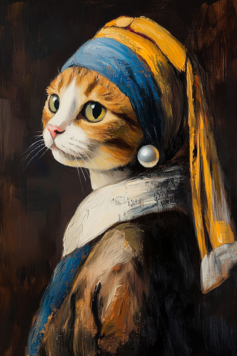 Peinture d'un chat portant une boucle d'oreille en perle Peinture d'un chat portant une boucle d'oreille en perle