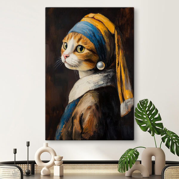 Peinture d'un chat portant une boucle d'oreille en perle Peinture d'un chat portant une boucle d'oreille en perle