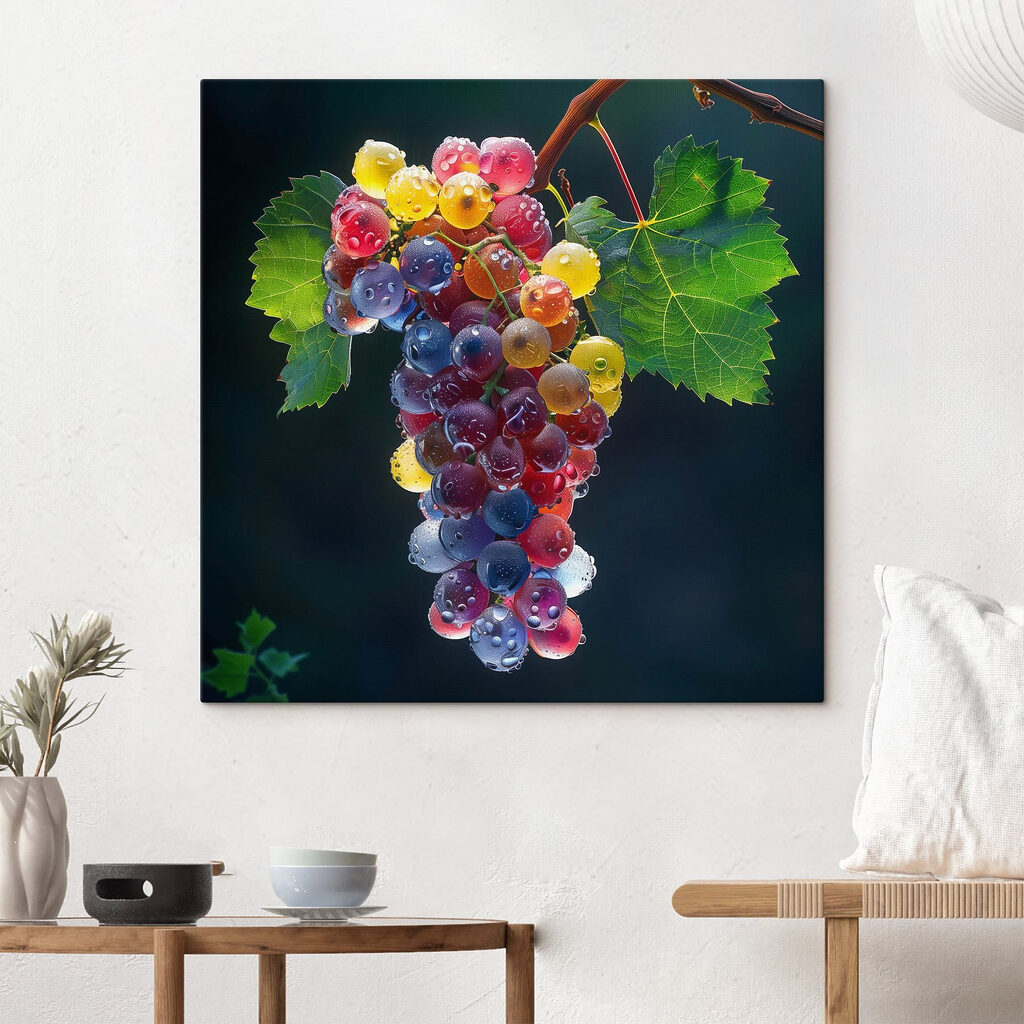 Bunch of colorful grapes with water droplets on them