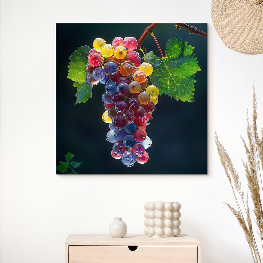 Grappe de raisins colorés avec des gouttes d'eau sur eux