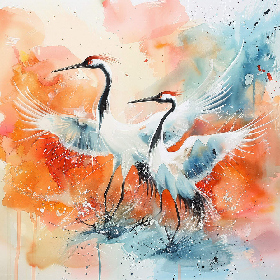 Peinture de grues sur fond coloré
