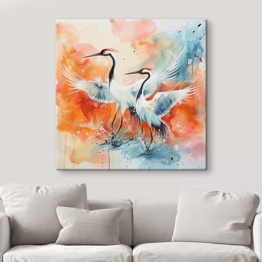 Peinture de grues sur fond coloré