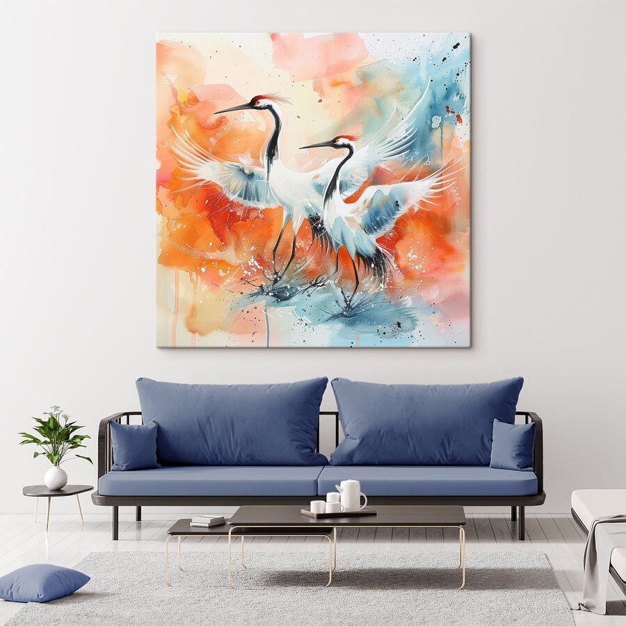 Peinture de grues sur fond coloré